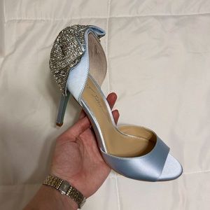 Betsey Johnson x David’s Bridal Peep-Toe Satin Light Blue Heel w Embellished Bow